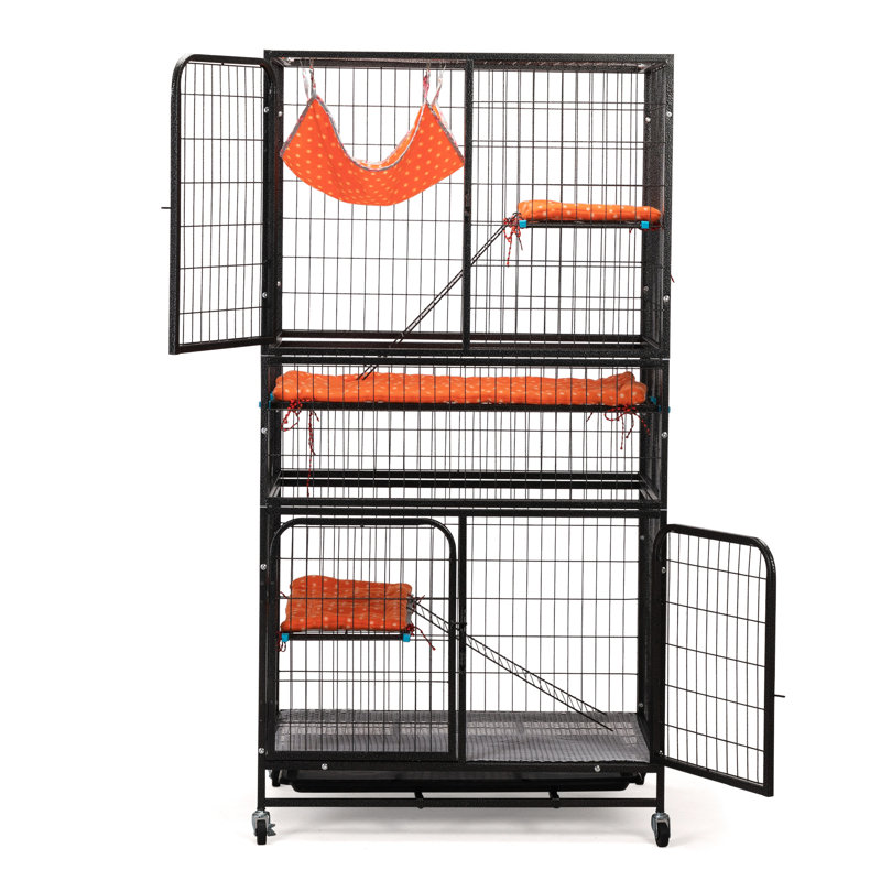 4 animaux de compagnie - orange noir, et pratique pour les chats, les chinchillas, les chatons, les cochons d'Inde, la cage avec roues verrouillables et le plateau amovible