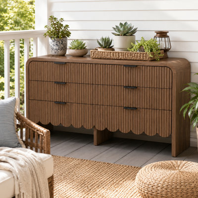 Commode cannelée à 6 tiroirs pour chambre à coucher, commode moderne de 59 po de largeur avec poignées en métal, conception à bord arrondi, meuble télé avec commode, commodes modernes avec texture ondulée pour le salon, couloir