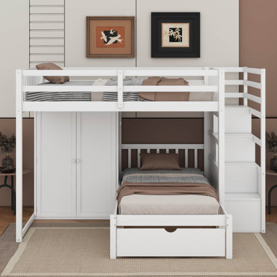 Lit superposé double au-dessus de simple avec garde-robe et tiroirs