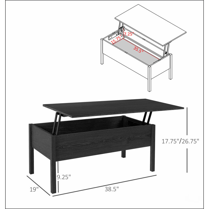 Table basse à plateau relevable moderne 39 "avec compartiment de rangement caché pour le salon
