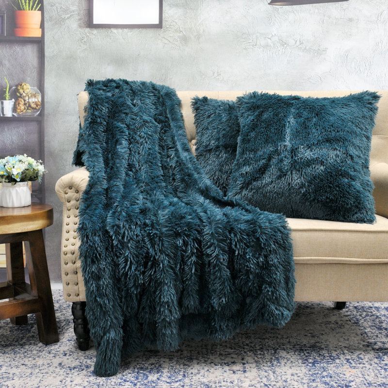 Shaggy Throw with 2 Pillow Covers, 60" W x 80" L, Teal