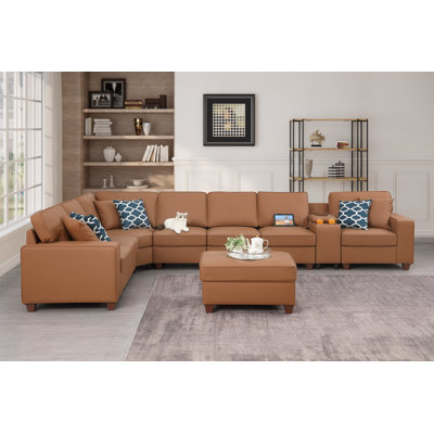 Artificial Leather Modular Sectional With Ottoman And Cupholder Console