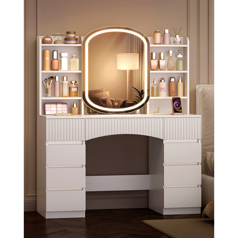 Dressing Table with Mirror, Adjustable LED Lighting, Vanity Desk with Power Strip, Make up Desk with 9 Drawers and Storage Open Compartments, for Bedroom 