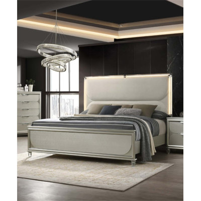 Lit tapissier contemporain en tissu glam avec panneau en relief DEL, mobilier de chambre luxueux et élégant