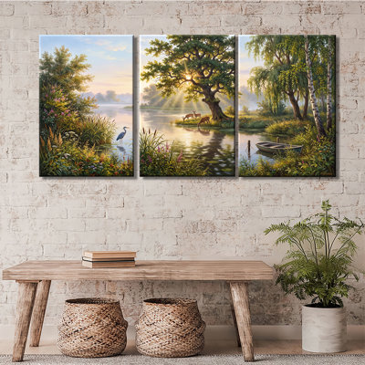 «Sunrise Forest Lake Deer And Heron Landscape», ensemble de 3 impressions sur toiles tendues avec châssis de qualité supérieure
