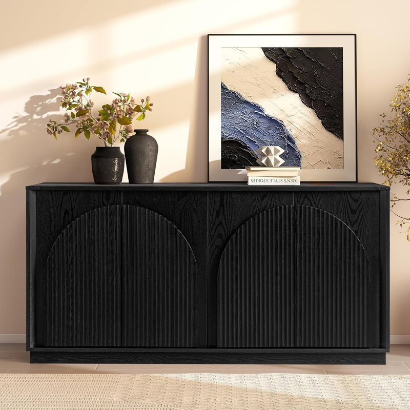 AWE-LW25661-BLACK Four-Door Recessed Double-Layer Arched Dining Cabinet, Black. Product Dimensions: 164x40x80CM (including feet).