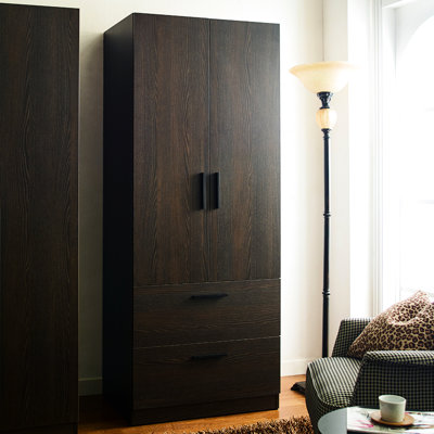 Armoire en bois à deux portes Brook de couleur brun foncé avec deux tiroirs et barres de suspension - fermeture douce pour une salle de sport sereine, rangement pour accessoires de remise en forme très profonds, meubles pour salle de chauffe-eau,