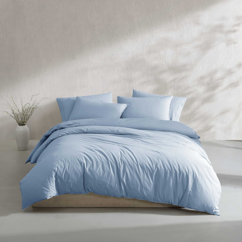 Calvin Klein Washed Percale Solid Cotton Duvet Cover Set, King Duvet Cover + 2 King Shams, Medium Blue