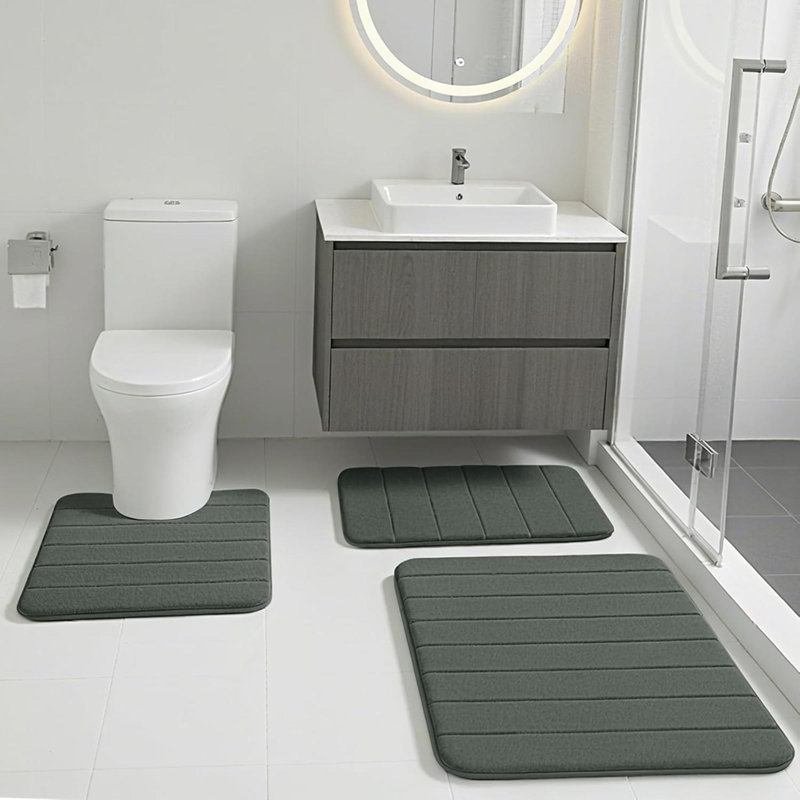 Memory Foam Bath Mat Sets 3 Piece Bathroom Rugs With PVC Non Slip Backing, Water Absorbent Soft Toilet Mat Machine Washable Shower Rug For Bathroom Floor, White