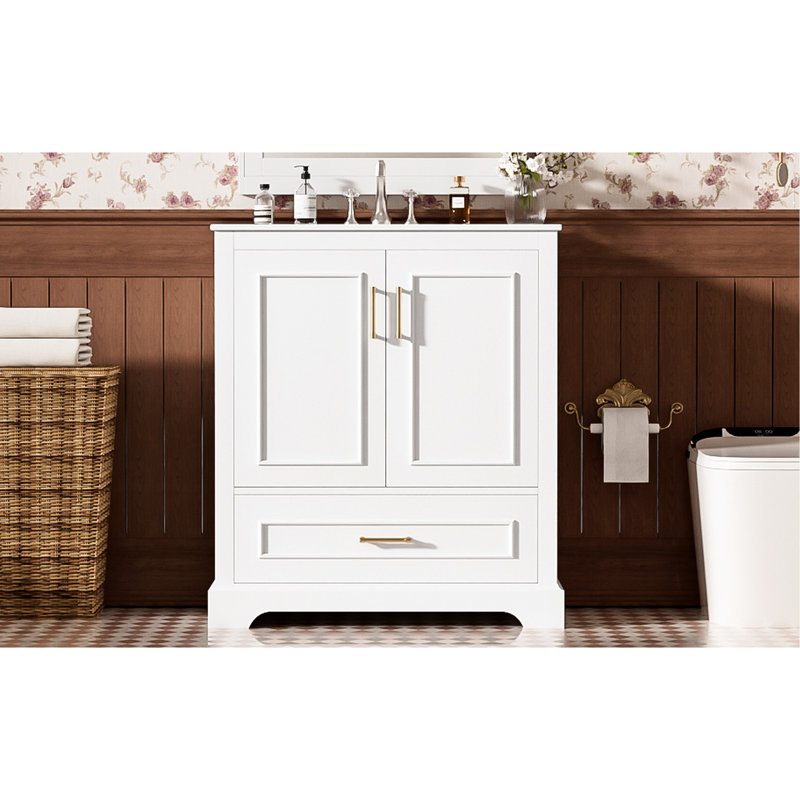 Meuble-lavabo de 30 po avec lavabo, installation, tiroir séparateur, double tablette sur la porte, portes à fermeture en douceur, structure en bois massif et rangement efficace en céramique moderne de 30 po, trop-plein intégré, pied pour