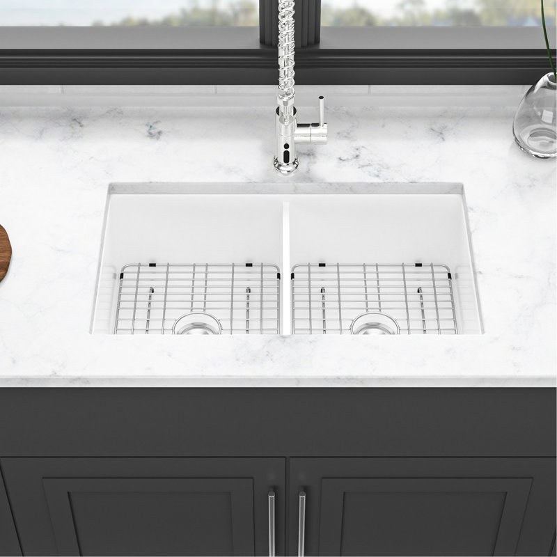 32" Undermount Ceramic Double Bowl Sink - White Rectangular Basin For Sleek Kitchen Look Design