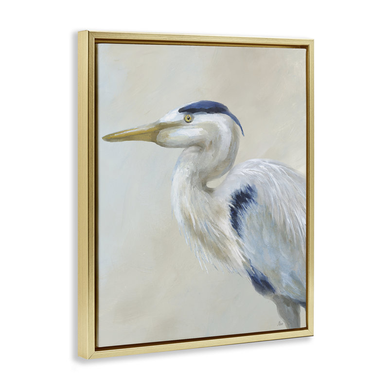 Portrait d'un héron regardant à gauche, Cadre flottant métallique doré, H 21 po x l 17 po