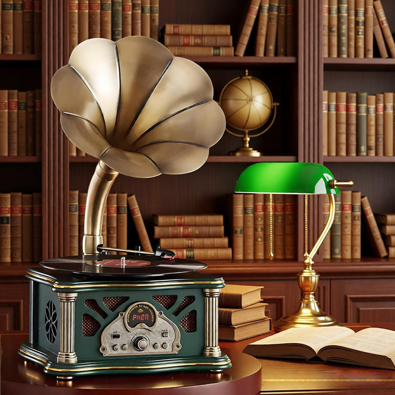 Tourne-disque Bluetooth 11,42 "avec cadre en chêne rétro et haut-parleurs intégrés, Green