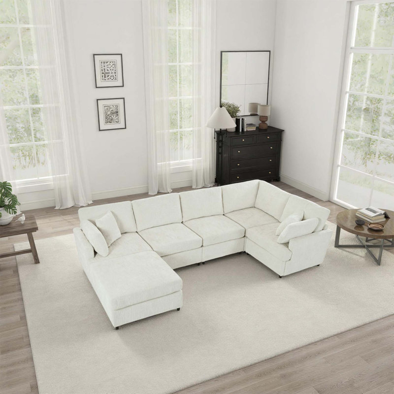 Canapé d'angle modulaire en forme de U de 127 po avec repose-pieds mobile en chenille, Beige