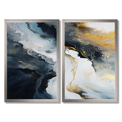 Or et bleu, peinture abstraite sur marbre - art mural abstrait en marbre, ensemble de 2 reproductions sur toile abstraites dorées
