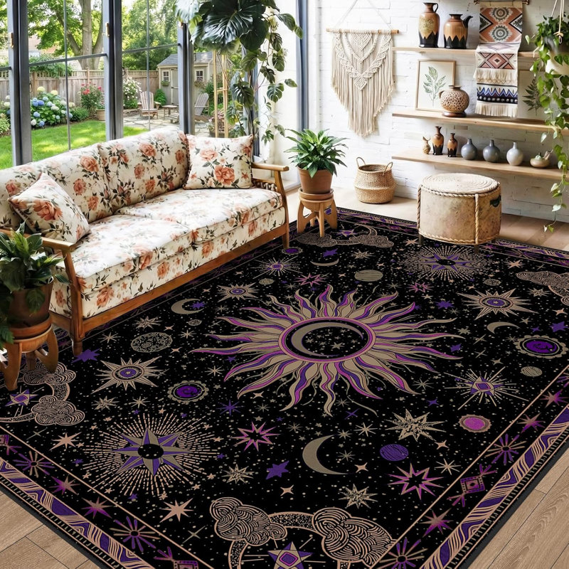5X7 Area Rugs, Washable Vacuum-Friendly Non-Slip Rug Vintage Boho Sun And Moon Printed Pattern Low Pile Carpet For Living Room Bedroom Dining Room Hallway Entryway,Black Purple Beige