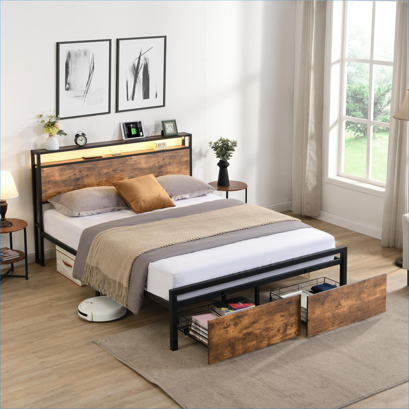 Industrial Style Queen Platform Bed With Under-Bed Storage and Built-In Charging Station, Jet Black MDF and Steel Construction