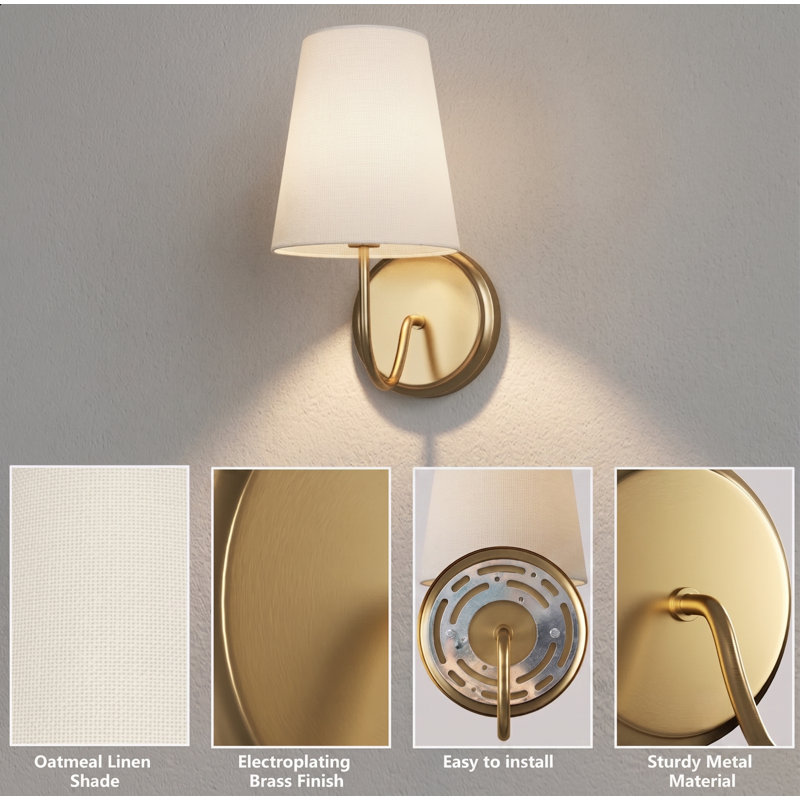 6''W Brass Dimmable Wall Sconce With Linen White Shade, Polished Brass, White