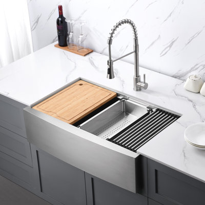 Farmhouse Apron Single Bowl Stainless Steel Kitchen Sink Workstation with Accessories