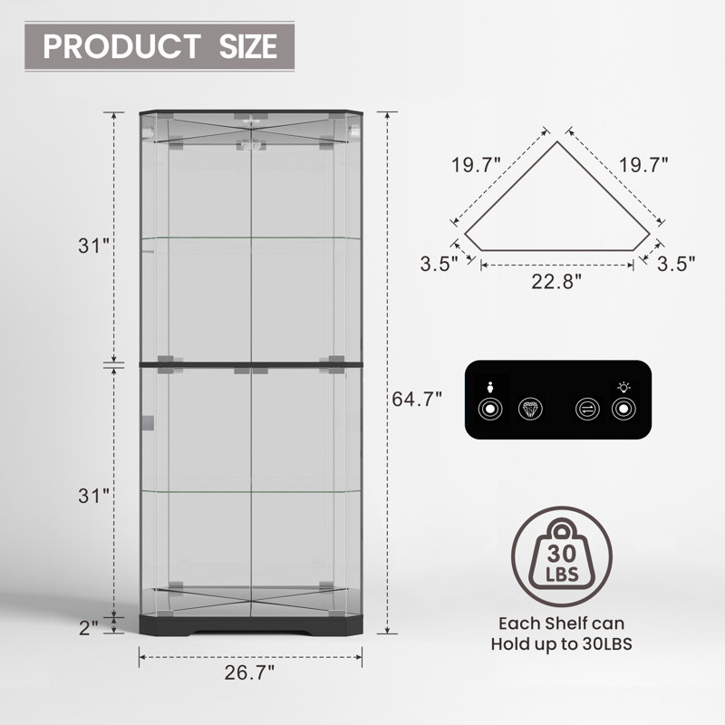 65'' H Glass Corner Display Cabinet With Color Led Light Modes And Motion Sensor, Black