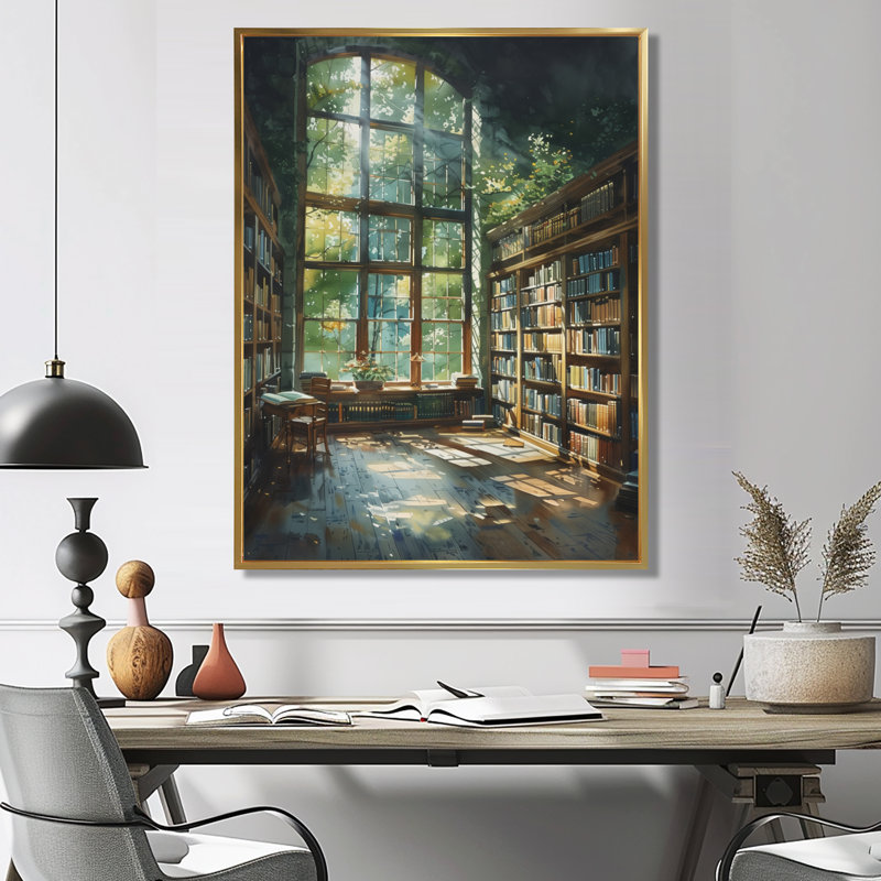 Bibliothèque verte et brune, Quiet Haven II - Art encadré avec bibliothèque, Cadre flottant doré, H 24 po x l 32 po