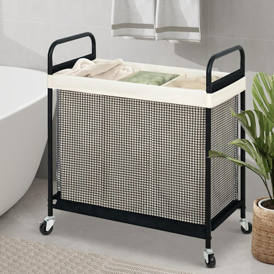 3-Section Rolling Laundry Hamper, Large Clothes Sorter Cart with Removable Washable Liner Bags, Wheels and Metal Handle for Laundry Room, Bedroom and Closet