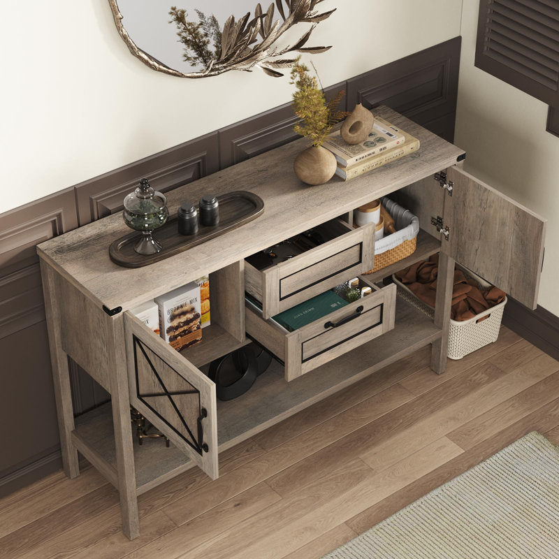 Console Table With Storage Drawers And Bottom Shelf, Greige