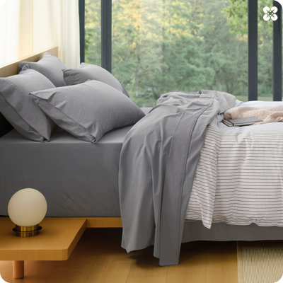 Ensemble de draps 100% coton lavé - draps en percale texturée grand format, ensemble de draps 6 pièces avec poche profonde de 18 po, respirant et doux au toucher (gris, grand)
