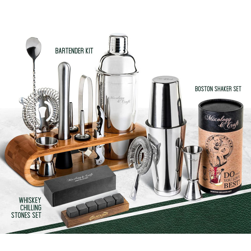 Stainless Steel Bartending Set with Bamboo Rack and Tools