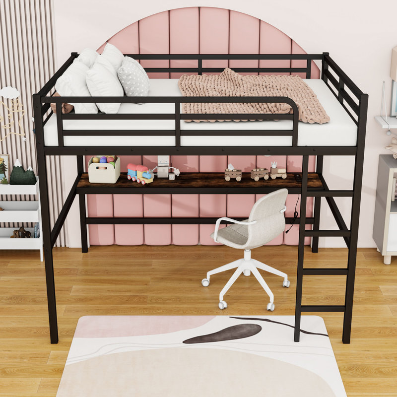 Queen Loft Bed With Power Outlet, LED Light, Desk And Ladder