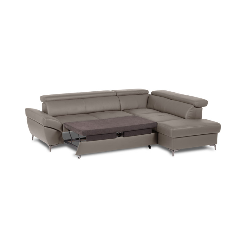 CAPRI Genuine Leather Corner Sofa with Pull-Out Bed and Storage and Adjustable Headrests, Right Hand Facing, Grey