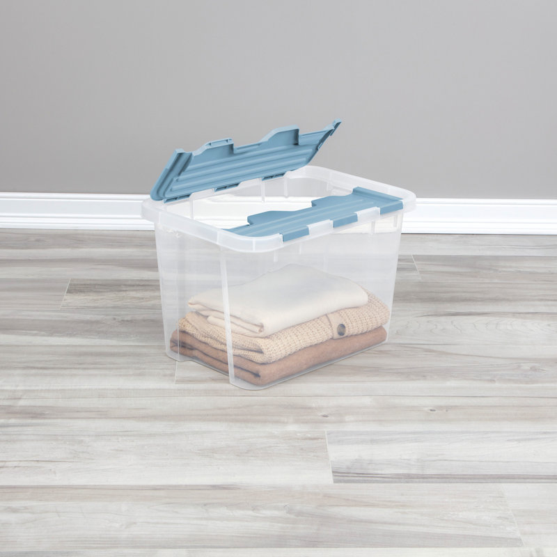 Sterilite 30 Qt Hinged Lid Storage Box, Plastic Container, Washed Blue, 24 Pack, 30 qt.