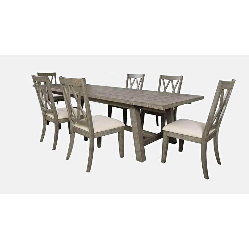 Ensemble de salle à manger extensible en bois de pin massif Fahrettin, 7 pièces : table, 6 chaises, Bois flottant gris