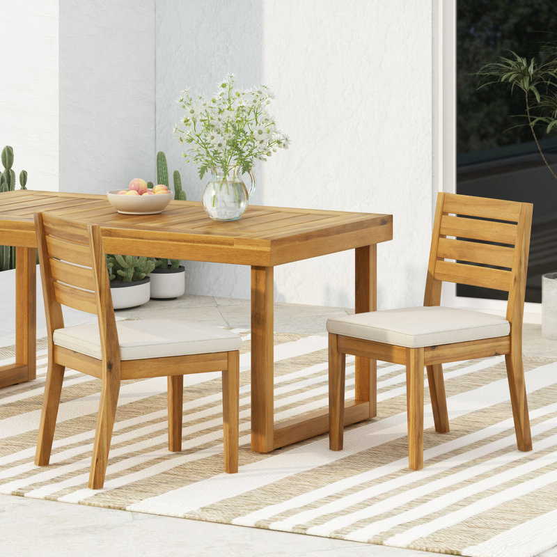 Ensemble de 2 chaises d'extérieur avec coussins, beige naturel, matériau en bois, dossier et siège à lattes, l 19 po x P 23 po, H 35 po