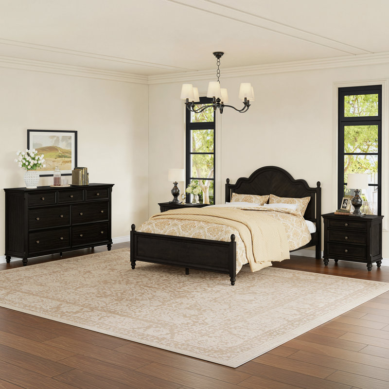 Ensemble de chambre à coucher Mid-Century, Noir rétro, Ensemble de quatre pièces : lit, commode, deux ta, Grand lit