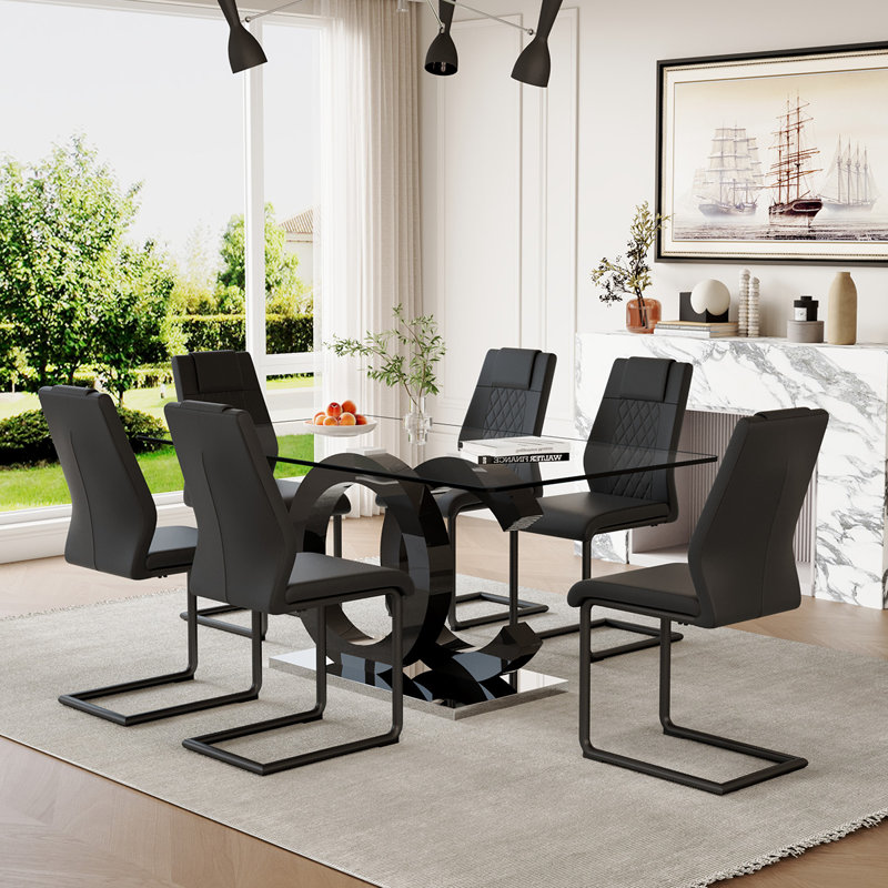 7-Piece Glass Top Dining Table Sets, Blanc/Noir