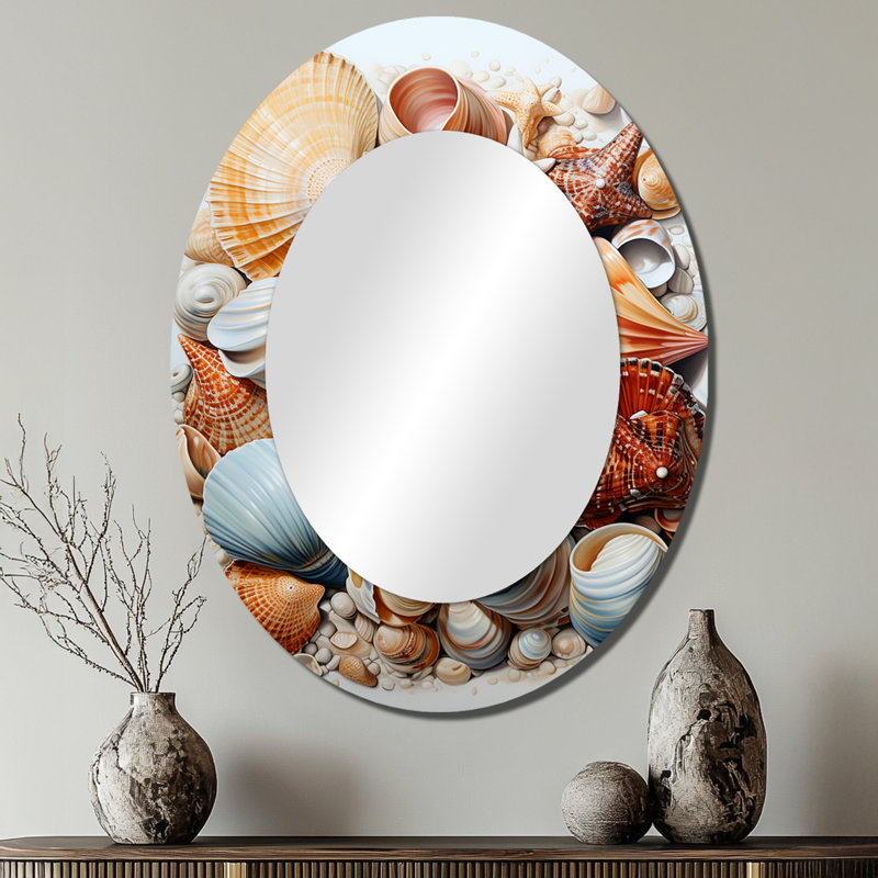 Beach Beach Seashell Beauty III - Grand miroir mural ovale sur métal, 40 po x 30 po