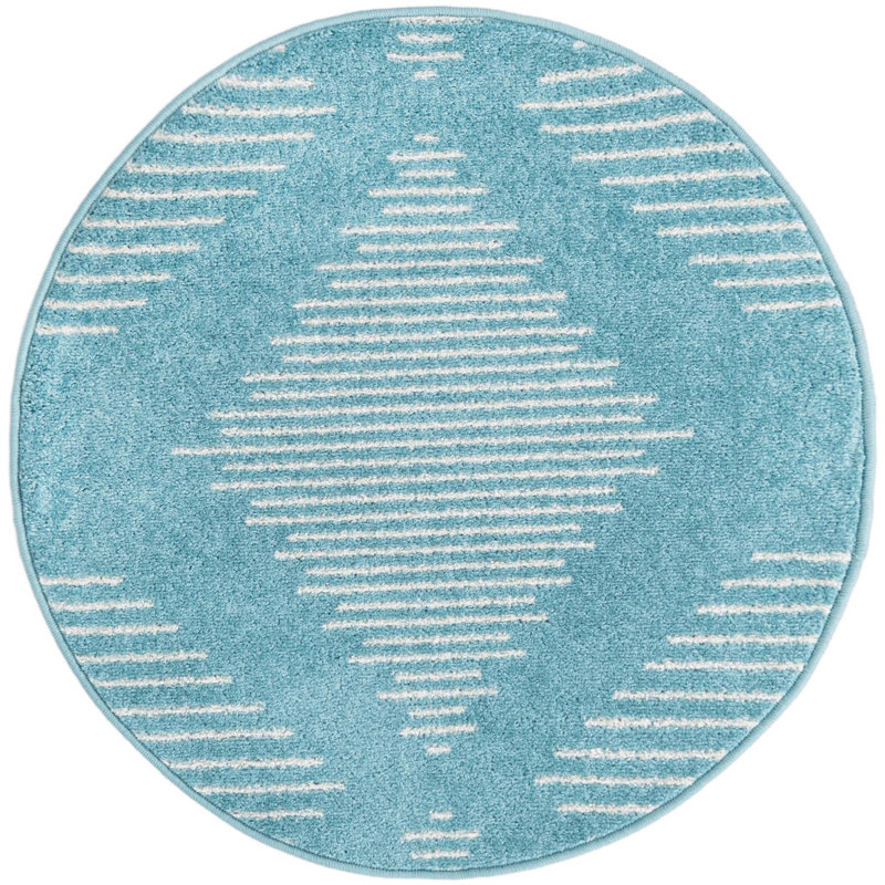 Tapis géométrique bleu clair en polypropylène tissé à la machine, Rond 3 pi 3 po
