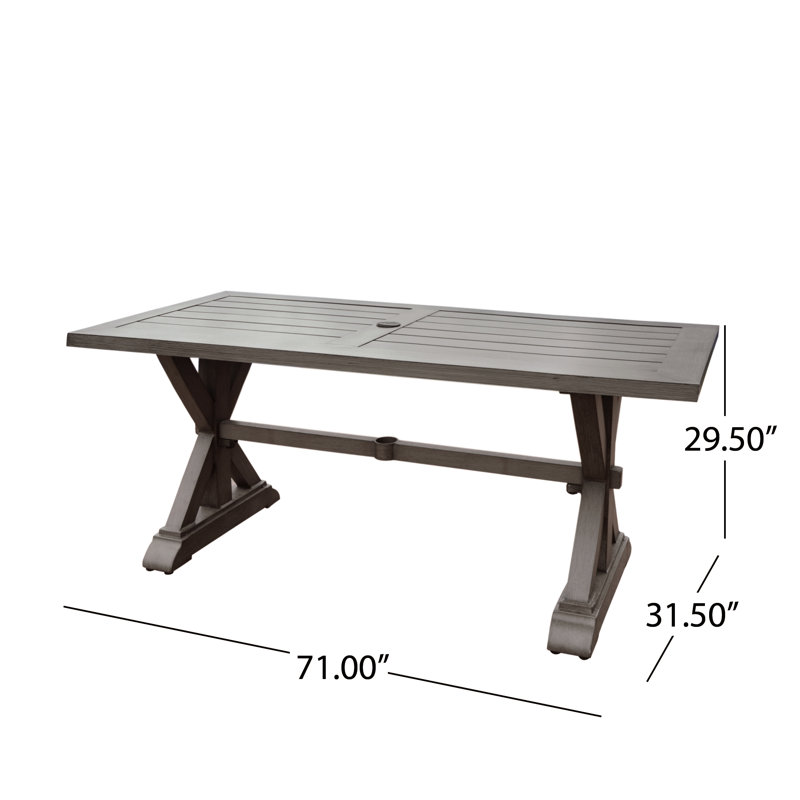 Table de salle à manger d'extérieur en aluminium avec pieds en forme de X et trou pour parasol Roomfitter