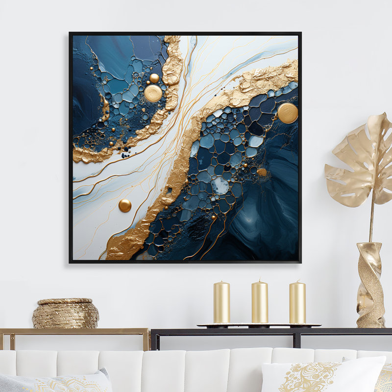 Art abstrait doré et bleu liquide IV - encre liquide abstraite, art mural, Cadre flottant noir, H 30 po x l 30 po x P 1,5 po
