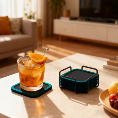  Sleek Absorbent Coasters For Drinks With Holder, Silicone Cup Mat With Removable Felt Insert, Non-Slip, Non-Stick, Lovely Gift For Coffee Table Kitchen Decor , 6Pcs (Alexandrite)