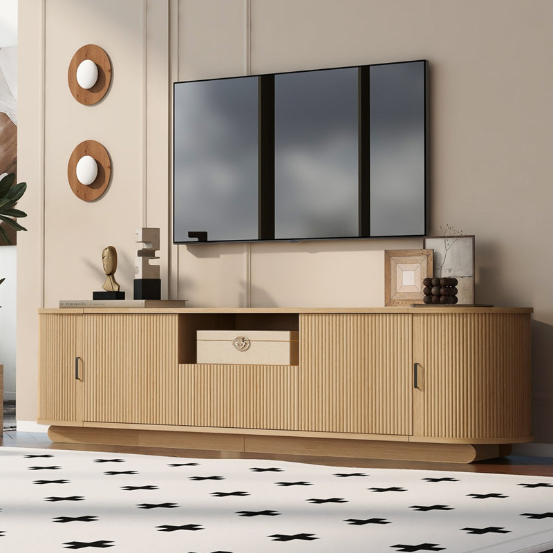 Meuble télé avec tablette ouverte, tiroir, armoires, rangement coulissant caché, coins arrondis, l 70,86 po, Acacia Wood