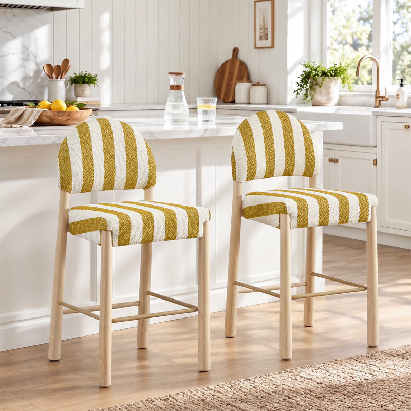 Tabouret de comptoir revêtu de lin 26,4 po Hyland, Naturel, Jaune / Blanc