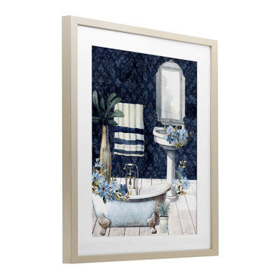 Blue Bath Floral Scene Framed Print Under Glass, design by Kim Allen