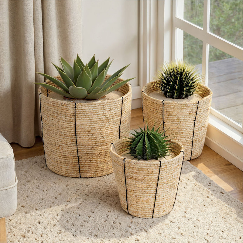 Round Handwoven Corn Rope Baskets with Thin Stripes and Plastic Liner