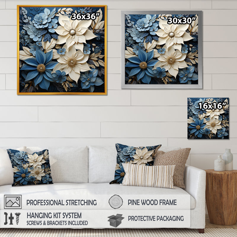 «White and Blue Poinsettias Blooming Brush IV» sur impression sur toile, Cadre simple argenté, H 16 po x l 16 po x P 1 po
