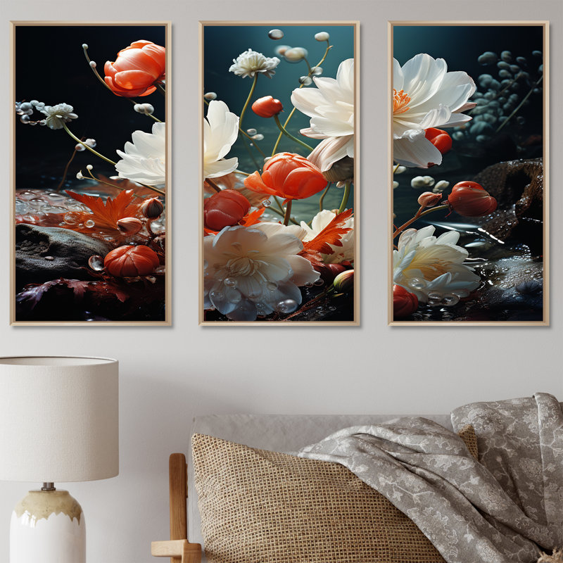 «White Flower Enchantment - Flowers», ensemble d'art mural, H 40 po x l 60 po x P 1 po, Cadre naturel flottant