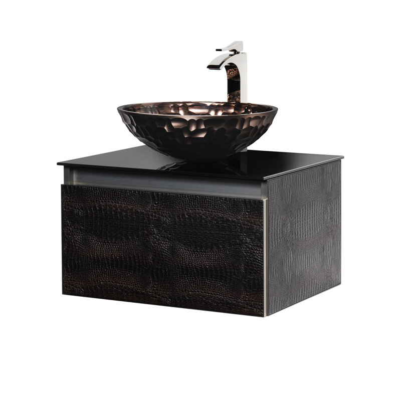 Single Bathroom Vanity with Top, Dark Crocodile, 24", Black Tempered Glass