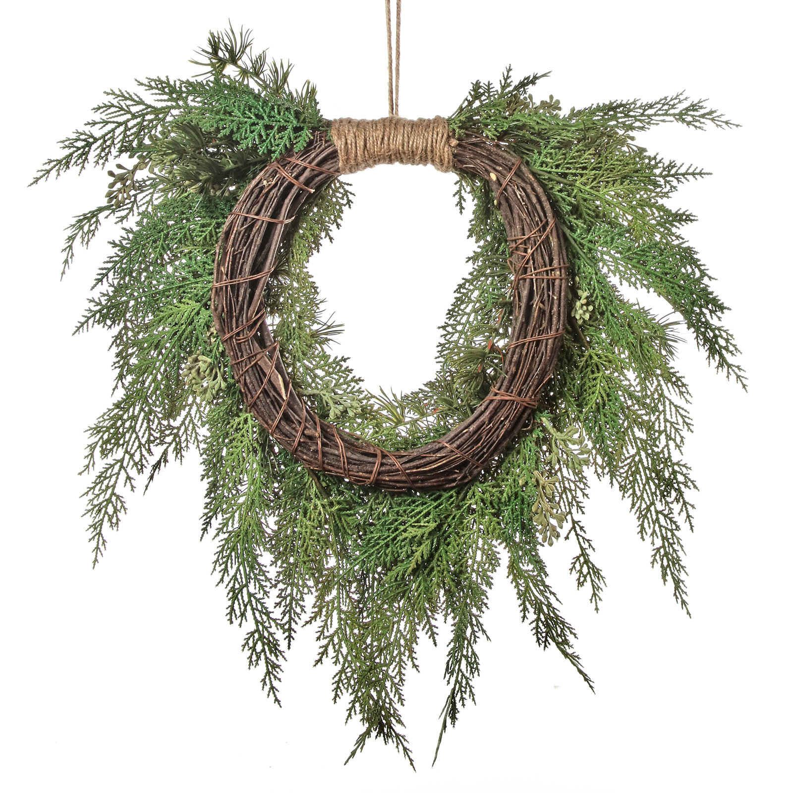 Faux Pine Polyethylene Plastic Wreath, 22.05" H x 22.05" W x 5.91" D