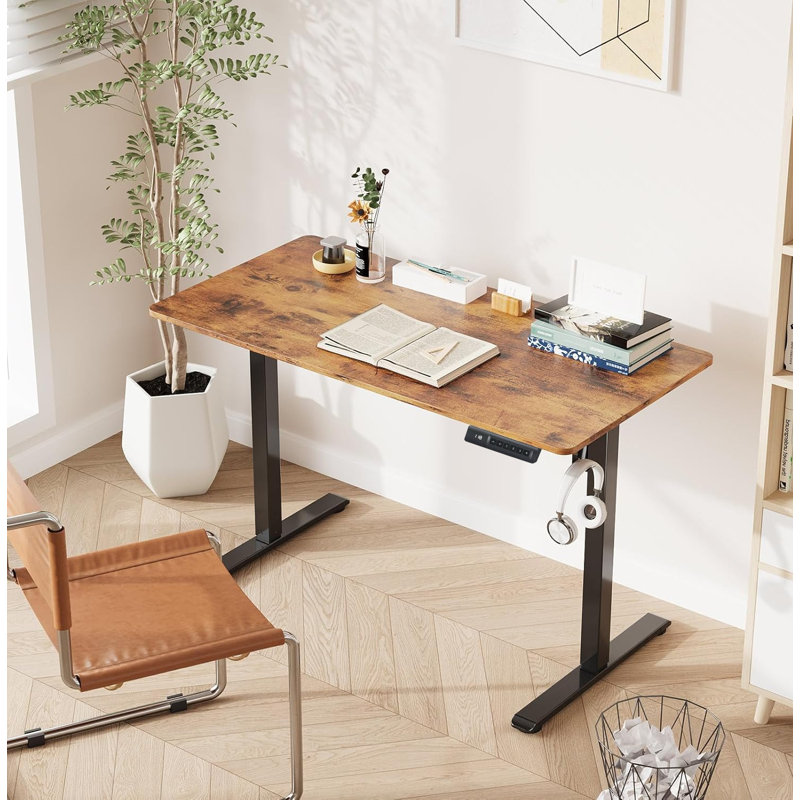 Electric Height Adjustable Standing Desk With 4 Lockable Casters, Hook, Big Mouse Pad, Brown, 55" W x 24" D